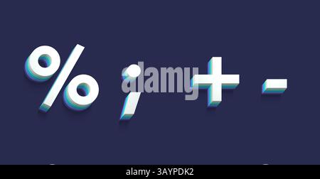 Satz von weißen 3D-Satzzeichen auf blauem Hintergrund, Prozent, Semikolon, Plus, Minus Stockfoto