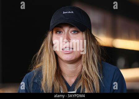 Paula Badosa von Spanien, Medientag während der Mutua Madrid Open 2025, ATP Masters 1000 und WTA 1000, Tennisturnier am 22. April 2025 in Caja Magica in Madrid, Spanien Stockfoto
