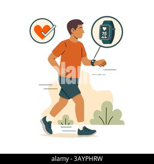 Vektor-Illustration eines Mannes, der beim Gehen einer Smartwatch zum Aufzeichnen von Herzfrequenz und Fitnessaktivität läuft. Moderne tragbare Technologie für gesundes Leben Stock Vektor