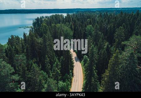 Aus der Vogelperspektive auf eine ruhige Waldstraße, umgeben von üppigen grünen Bäumen und einem fernen See unter klarem Himmel Stockfoto