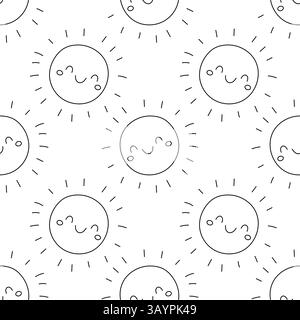 Schwarze und weiße, niedliche Sonnengesichter, die sich in einem nahtlosen Hintergrund wiederholen. Perfekt zum Ausmalen von Seiten, zum Basteln von Kindern und für Sommerprojekte. Stock Vektor