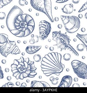 Blaue Muscheln und Blasen auf weißem Hintergrund. Nahtloses Muster für Reisen im Sommer. Vektor Hand gezeichnete Skizze Illustration von Muscheln. Tropische Mode Stock Vektor