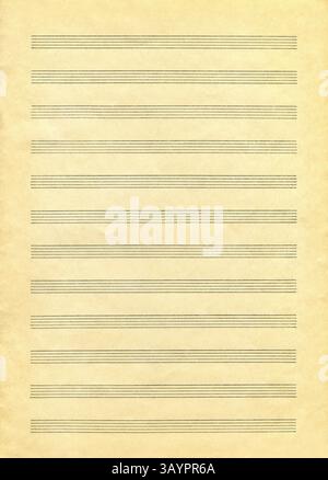 Ein leeres Notenblatt auf Vintage-Farbpapier, bereit für die Komposition Stockfoto