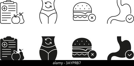 Medical and Health Nutrition Line und Solid Symbol Set. Diät- und Wellness-Symbol-Kollektion. Abbildung Des Isolierten Vektors Stock Vektor