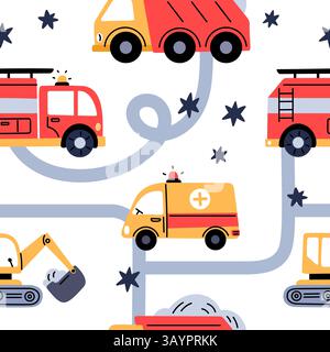Nahtloses Muster für den Transport von Spielzeugen. Verkehrselemente für Kinder, Farbautos, Bagger und Feuerwehrfahrzeuge, Spielelemente für Jungen. Dekor aus Textil, Geschenkpapier Stock Vektor