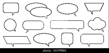 Pixel-Dialogfelder. Retro-Videospielelemente, 8-Bit-Grafik, Sprechballons, Gedankenblasen, Spruch- und Nachrichtenrahmen, Kommunikationsgrafik d Stock Vektor