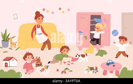 Freche Kinder mit schlechtem Verhalten im Zimmer. Müde Mutter oder Babysitter, Kinder zerbrechen Spielzeug, machen Chaos, aktive Spiele. Babys zerbrechen und verderben ihr Zuhause Stock Vektor