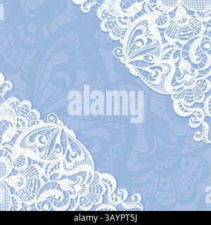 Hintergrund für Spitzenrahmen. Durchbrochene gewebte Ornamente, zarte weiße Dekorationen, gemusterte Borten, Baumwollbänder, Textilemente, quadratisches Poster, Karte Stock Vektor