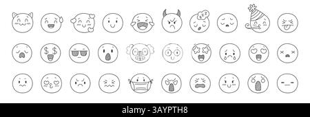 Handgezeichnetes Emoji. Runde Gesichter im Doodle-Stil mit verschiedenen Stimmungsausdrücken, positiven und negativen Emotionen, Liniencharakteren und Social-Media-Symbolen Stock Vektor