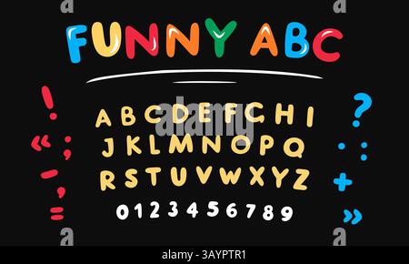 Flippige Doodle-Schriftart. Gerundete Buchstaben, Zahlen und Interpunktionszeichen, farbiges molliges Alphabet, lateinische abs-Zeichen für Kinder, alphabetische bunte isoliert Stock Vektor