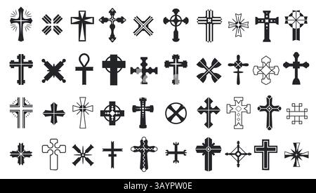 Kreuz-Symbole. Christentum Kreuze und Kreuzigung Religionssymbole, schwarze christlich-katholische Kruzifix-Formen für Kirchen- oder Glaubenslogos. Vektor Stock Vektor
