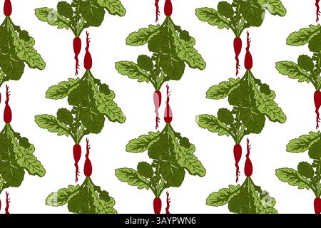 Botanisches abstraktes nahtloses Muster mit Rüben-Vektor-Illustration. Buntes, sich wiederholendes grünes Gemüsemuster in weißem Hintergrund. Greif Stock Vektor