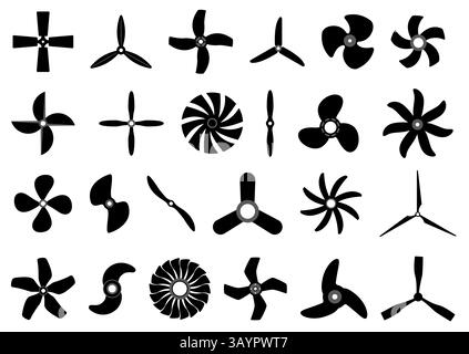 Symbole für Boot- und Luftpropeller. Flugzeugturbinen Silhouetten, Rotorventilatoren, Schiffsschrauben, schwarze Elemente des Schiffsmotors, Technologie-Rotorsymbol, el Stock Vektor