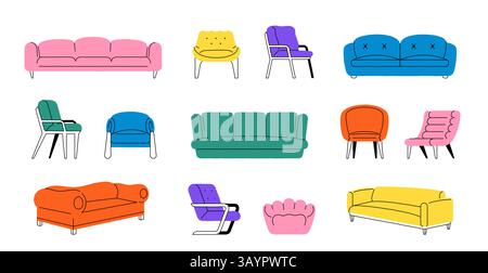 Couch und Stuhl. Wohnzimmermöbel, bequemer Stuhl mit Cartoon-Design, gemütliches Sofa und Sessel für Wohnzimmer oder Büro, flacher Relaxsitz Stock Vektor