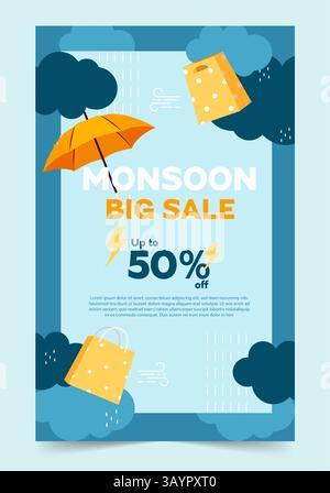 Monsoon Big Sale bietet bis zu 50 Prozent Rabatt auf aufregende Produkte, Vektor-Illustration Stock Vektor