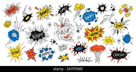 Kritzeleien Sie die Sprechblase. Comic-Boom-Explosion mit Text- und Rauchwolken, lautonomatopoeia-Sound-Labels, lustigen Dialog-Ballon-Nachrichten-Pop-Art-Stil. Vektor Stock Vektor