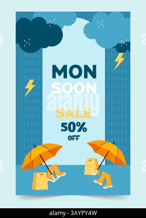Aufregender Monsun-Verkauf auf Kleidung und Accessoires mit 50 Prozent Rabatt, Vektor-Illustration Stock Vektor