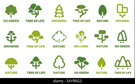Business-Logo des Baums. Eichen- und Kiefernsilhouette Emblem, abstraktes Baumwachstum Natur Wald Business Ikonen, einfaches grünes Blatt Abzeichen für Park Garden Label Stock Vektor