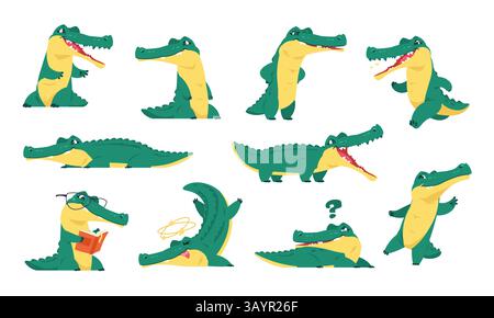 Niedliches Krokodil. Kindliche Alligatorfiguren, Kindertier Reptilien flach lustige grüne Krokodile Alligatoraufkleber, glückliche Alligatoren Tiere in verschiedenen Stock Vektor