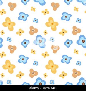 Nahtloses Blumenmuster mit blauen, gelben und braunen Blumen auf weißem Hintergrund. Vektorillustration für Textilien oder Tapeten. Helles und fröhliches Design. Stock Vektor