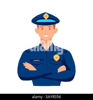 Vektor-Illustration eines lächelnden Polizisten in blauer Uniform und Mütze, posiert mit überkreuzten Armen. Zeichentrickstil, weißer Hintergrund. Ideal für SE Stock Vektor