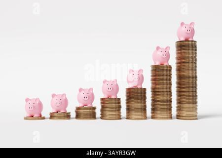 Rosafarbene Schweinebänke stehen auf Goldmünzstapeln auf weißem Hintergrund. Konzept des Wohlstandswachstums, der profitablen Investitionen und des Kapitalgewinns Stockfoto