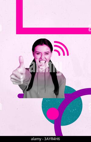 Pop-Trend-Collage der Person machen feine Gesten über rosa Hintergrund mit geometrischen Figuren Stockfoto