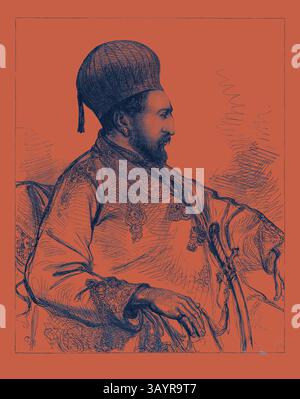 Eine königliche Figur in aufwendiger traditioneller Kleidung, verziert mit komplizierten Mustern und einer unverwechselbaren Kappe, blickt nachdenklich zur Seite. Die reichhaltigen Details der Kleidung und das ausgeglichene Auftreten vermitteln ein Gefühl von Autorität und Adel. Das Ameer Mahomed Yakoob Khan Wali von Cabul Ruler of Afghanistan 1879 Klassische Kunst mit einem modernen Twist, neu interpretiert von Artotop Stockfoto