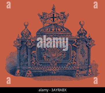 Ein kunstvoll verziertes, aufwändig gestaltetes königliches Grab mit kunstvollen Dekorationen, einschließlich Krone und Flügel, symbolisiert Größe und Erbe. Das Gebäude ist mit einem zentralen Wappen und kunstvollen Motiven verziert, die eine historische Bedeutung widerspiegeln. Sarg, in dem die Adresse der Stadt dem Sultan der Türkei bei der Guildhall UK 1867 überreicht wurde Klassische Kunst mit einem modernen Twist, der von Artotop neu interpretiert wurde Stockfoto