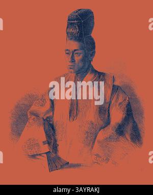 Eine königliche Figur in traditioneller Kleidung steht mit einem Hauch von würde, verziert mit komplizierten Mustern und einem kunstvollen Hut, der ein Gefühl von kulturellem Erbe und historischer Bedeutung ausstrahlt. Ein Besuch im Tycoon von Japan: Stots Bashi der neue Tycoon von Japan 1867 Klassische Kunst mit einem modernen Twist von Artotop neu interpretiert Stockfoto