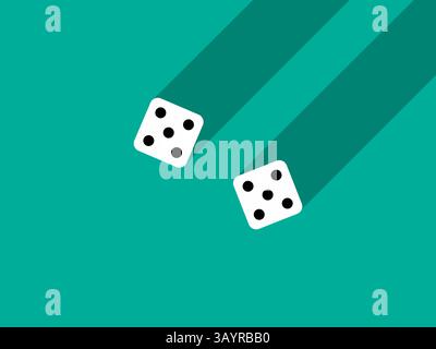 Ein paar Würfel mit den Zahlen 5 und 5. Würfelpaar auf einem grünen Tisch mit langem Schatten, Draufsicht. Casino Würfelspiel. Design für Anwendungen, Banner Stock Vektor