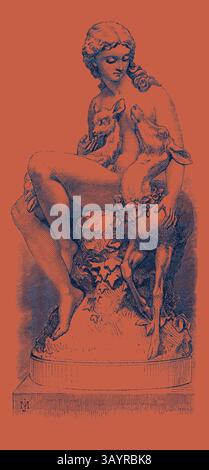 Eine ruhige Figur einer Frau sitzt anmutig, wiegt ein junges Kitzel und ein kleines Wesen auf ihrem Schoß, umgeben von zartem Efeu. Die Szene verkörpert die Harmonie zwischen Mensch und Natur und zeigt Zärtlichkeit und Schönheit. A Wood Nymphe, präsentiert an die Mitglieder der Art-Union of London UK 1867 Klassische Kunst mit einem modernen Twist, neu interpretiert von Artotop Stockfoto