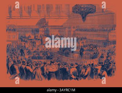 Eine überfüllte Legislativkammer mit eifrigen Zuschauern und aufmerksamen Vertretern, mit einem erhöhten Rednerpult in der Mitte, kunstvollen architektonischen Details und einem großen Kronleuchter über dem Dach, der die Energie eines bedeutenden politischen Ereignisses widerspiegelt. Trial of the Fenians at Manchester: The Special Commission in the Assize Courthouse UK 1867 Klassische Kunst mit einem modernen Twist, neu interpretiert von Artotop Stockfoto