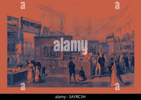 Eine belebte Kunstgalerie voller Besucher, die eine große Auswahl an Gemälden und Skulpturen bewundern. Der Raum ist elegant gestaltet und präsentiert sowohl klassische als auch zeitgenössische Werke, während Gruppen von Menschen sich unterhalten und besinnt. Die britische Bildergalerie in der späten Pariser Ausstellung Frankreich 1867 Klassische Kunst mit einem modernen Touch, die von Artotop neu gestaltet wurde Stockfoto