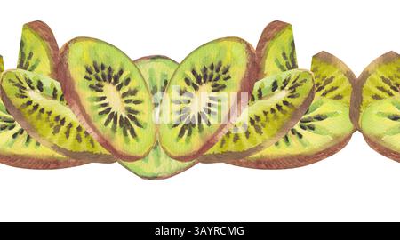 Hand gezeichnet Aquarell Kiwi Fruit nahtlose horizontale Grenze isoliert auf einem weißen Hintergrund fliegende Scheiben, Stücke Kiwi Frucht frisches Muster für Begrüßung Stockfoto