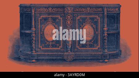 Ein wunderschön gefertigtes Sideboard mit aufwändigen Schnitzereien und kunstvollen Dekorationen, hervorgehoben durch elegante Motive und klassische Elemente. Das Design zeigt detaillierte Panels mit runden Medaillons, die jedem Raum einen Hauch von Raffinesse verleihen. Jackson and Graham's Cabinet die Internationale Ausstellung 1862 Klassische Kunst mit einem modernen Touch, neu interpretiert von Artotop Stockfoto