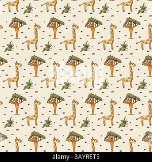 Safari Africa drawing seamless pattern. Childlike doodle cartoon design style. Animal Giraffe, tree hand drawn graphic cute kid background. Colourful Stock Vektor
