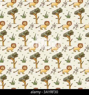 Safari Africa drawing seamless pattern. Childlike doodle cartoon design style. Animal Lion, tree hand drawn graphic cute kid background. Colourful Stock Vektor