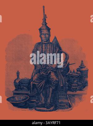 Eine majestätische Figur sitzt selbstbewusst in raffinierter traditioneller Kleidung. Die Einrichtung bietet eine Auswahl an dekorativen Gegenständen, die eine komplexe Handwerkskunst zeigen. Die Gesamtkomposition vermittelt ein Gefühl von Geschichte und kultureller Bedeutung. Der König von Siam in State Kostüm 1866 Klassische Kunst mit modernem Touch, neu interpretiert von Artotop Stockfoto