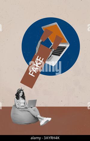 Poster-Bildcollage einer Person unter Netbook mit gefälschtem Bild auf pastellfarbenem Hintergrund Stockfoto