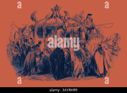 Eine königliche Prozession ist mit einer üppig geschmückten Kutsche umgeben, umgeben von elegant gekleideten Figuren und Dienern. Die Szene ist voller Aktivität und bietet eine Mischung aus Opulenz und historischer Pracht, mit bemerkenswerten Charakteren, die sich in Gesprächen oder bei der Beobachtung des Ereignisses engagieren. Prozession Ihrer Majestät zur Eröffnung der neuen königlichen Börse, Lieferung des City Sword, in der Temple Bar Klassische Kunst mit einem modernen Twist, neu interpretiert von Artotop Stockfoto