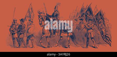 Eine historische Szene, die eine Gruppe gepanzerter Soldaten zeigt, in der ein Ritter zu Pferd steht, flankiert von einer Infanterie mit Schilden und Spruchbändern, die einen Moment der Kriegsvorbereitung oder der Parade darstellt. Lord Mayor's Show, The man in Brass Classic Art mit einem modernen Touch, der von Artotop neu interpretiert wurde Stockfoto