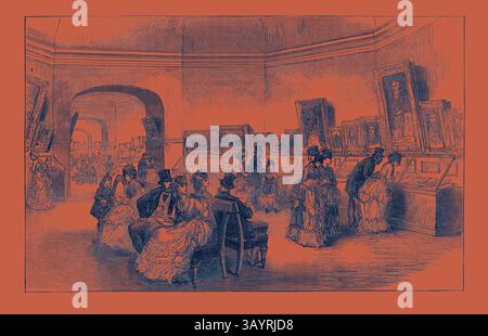 Eine belebte Kunstgalerie voller elegant gekleideter Besucher, die verschiedene Gemälde bewundern, in Gesprächen und Nachdenken verwickelt sind, während sie die Schönheit klassischer Kunstwerke an den Wänden erkunden. The Scott Centenary: Ausstellung von Porträts und Reliquien in Edinburgh 1871 Classic Art mit einem modernen Twist von Artotop Stockfoto