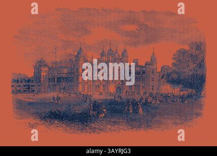 Ein großartiges historisches Herrenhaus zeigt komplexe architektonische Details mit hohen Türmen und weitläufigem Gelände, wo elegant gekleidete Figuren zu Feiern versammeln. Burghley House in der Nähe von Stamford, Sitz des Marquis of Exeter 1871 Klassische Kunst mit einem modernen Touch, der von Artotop neu gestaltet wurde Stockfoto
