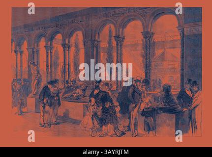 Eine geschäftige Galerieszene voller elegant gekleideter Personen, die Skulpturen und Kunstwerke bewundern, vor dem Hintergrund großer Bögen und üppiger Grünflächen. Im Vordergrund unterhalten sich Paare, während die Kinder ihre Entdeckungen erkunden, und schaffen eine lebhafte Atmosphäre der Wertschätzung für Kultur und Kunst. Die französische Annexe auf der Internationalen Ausstellung 1871 Klassische Kunst mit einem modernen Touch, neu interpretiert von Artotop Stockfoto