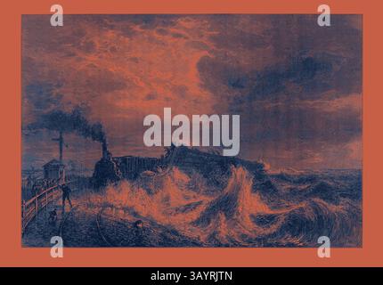 Eine turbulente Meereslandschaft fängt die Energie der abstürzenden Wellen gegen eine zerklüftete Küste ein, während der Rauch aus einer fernen Industriestruktur strömt. Der turbulente Himmel deutet auf einen drohenden Sturm hin, während Figuren entlang des Piers die dramatische Szene beobachten, die sich vor ihnen entfaltet. Ankunft des französischen Postschiffes in Dover, 1871 Klassische Kunst mit einem modernen Touch, neu interpretiert von Artotop Stockfoto
