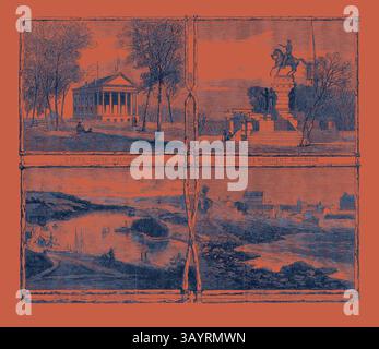 Eine historische Collage mit bemerkenswerten Sehenswürdigkeiten in Richmond, darunter das State House und das Washington Monument, sowie malerische Ausblicke auf den Fluss und die umliegenden Landschaften. Der Bürgerkrieg in Amerika: Skizzen aus Richmond Virginia, der Hauptstadt der Konföderierten Staaten von Amerika Klassische Kunst mit einem modernen Twist, der von Artotop neu interpretiert wurde Stockfoto