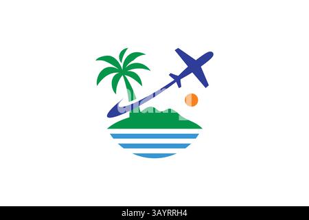 Creative Tropical Travel Agency Logo mit Palmen, Sonne und Flugzeug Stock Vektor