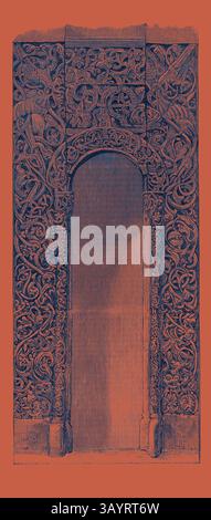 Ein aufwendig gestalteter Eingang mit raffinierten Mustern und dekorativen Motiven, eingerahmt von kunstvollen Säulen, die auf ein reiches architektonisches Erbe hinweisen. Die tiefen Farbtöne unterstreichen die komplizierten Details der Handwerkskunst. Eingang aus Kiefernholz (Russisch) 1868 Klassische Kunst mit modernem Touch, neu interpretiert von Artotop Stockfoto