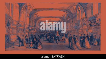 Eine belebte Kunstgalerie voller elegant gekleideter Personen, die verschiedene Gemälde und Skulpturen bewundern und die pulsierende Kulturszene der damaligen Zeit präsentieren. The Leeds Exhibition: The Gallery of British Living Painters in Oil 1868 Klassische Kunst mit einem modernen Twist, neu gestaltet von Artotop Stockfoto